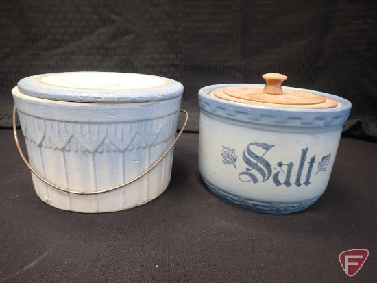 Burley Winter butter crock with cover and covered "Salt" dish-greek key, maple leaf design. 2pcs