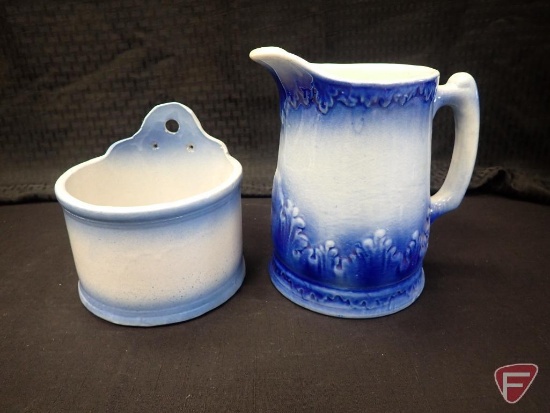 Blue/white salt crock, no cover, and 8" blue/white pitcher. 2pcs