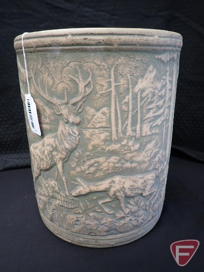 Crock, turquoise inside, stag and pine, 15"h, green/tan