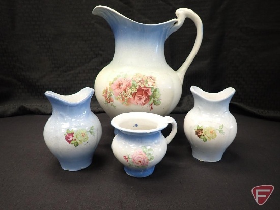 Blue/pink rose pottery, pitcher 12'h, (2) toothbrush holders, mug. 4pcs