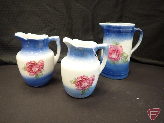 Blue/pink rose pottery pitchers, tallest is 9". 3pcs