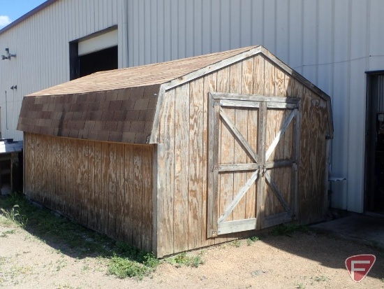 Wood shed, 15'x10', 99" to peak, 60"x69" door opening, includes shelves inside