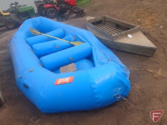 Duck boat, metal and wood construction, 11'8"x 36"; 13.5' Hyside inflatable raft, has 2 holes