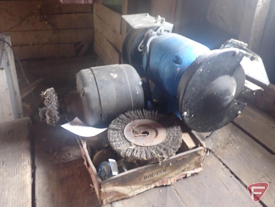 6" bench grinder; wire wheel on motor mounted to bench, bring tools, wire wheels and other in box