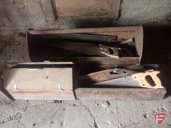 Wood tool boxes (3) with contents; hand saws, Stanley Rule & Level Co. No. 36 hand plane