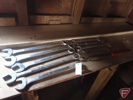 Combination wrenches (9), large is 2", mechanics pry bar, large screwdriver