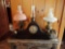 (2) ELECTRIC LAMPS, (1) OIL LAMP, MANTLE CLOCK 21