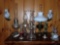 OIL LAMPS, ELECTRIC LAMP, (2) WALL LAMPS. ALL ON TOP