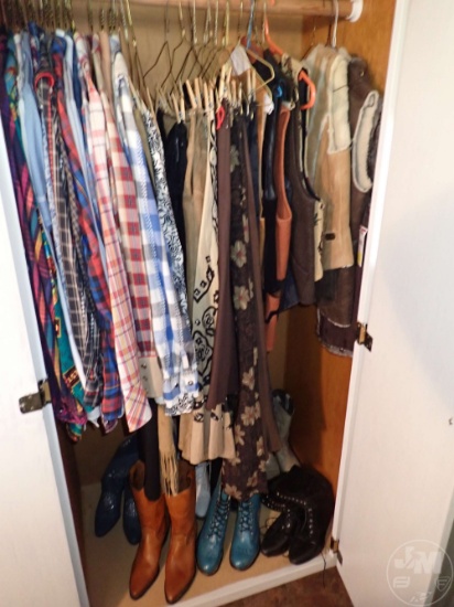 LADIES SHIRTS, SKIRTS, AND VESTS; (7) PAIRS OF LADIES BOOTS