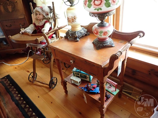 TABLE 30"W X 17"D X 33"H, VINTAGE HIGH CHAIR, DOLL.