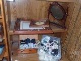 JEWELRY, BOLOS AND ORNATE PICTURE FRAMES, ALL ON SHELF