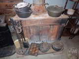 CAST IRON KETTLES, TEA POTS, FIREPLACE TOOLS, GRISWOLD MUFFIN PAN