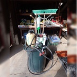 (2) GARDEN SPRAYERS, GARDEN HOSE, BROOMS, SHOVELS