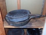 CAST IRON POTS AND PANS, (1) LID IS HAMMERED