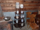 (2) CORNER SHELVES, POTTERY CANISTERS, OTHER POTTERY PIECES