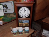 BATTERY OPERATED WALL CLOCK, 3 MUGS, TRACTOR THEMED