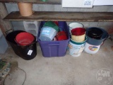 ENAMELWARE, METAL PAILS AND FLOWER POTS, ALL ON FLOOR