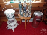 PERFECTION OIL HEATER, BEHRENS CONTAINER WITH COVER, FIGURINES, 3-LEGGED TABLE.