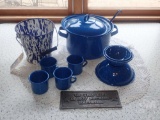 BLUE ENAMELWARE, CAST IRON SIGN, ALL ON TOP OF TABLE