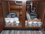 BLUE/WHITE DISHWARE. CONTENTS OF CUPBOARD UNDER SINK