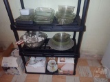 PUNCHBOWL, GLASS BAKING DISHES, LAMP, 3 BOTTOM SHELVES