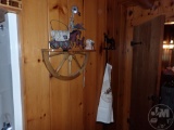 WALL SHELF, HOOKS, DECORATIVE ITEMS. ALL ON WALL; BUYER MUST