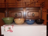 (4) CROCK BOWLS, SPATTER IS HAHN ADVERTISING, HAS CRACK,