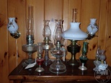 OIL LAMPS, ELECTRIC LAMP, (2) WALL LAMPS. ALL ON TOP
