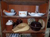 POTTERY, GLASSWARE, 2 SHELVES