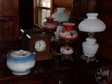 CHAMBER POT, (2) ELECTRIC LAMPS, INGRAHAM MANTLE CLOCK. 4 PCS