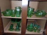 GREEN DEPRESSION GLASS, NOT ALL MATCHING, 2 CUPBOARDS