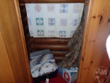 QUILTS, UPHOLSTERY FABRIC, COMFORTER, BED LINENS. ALL IN CLOSET