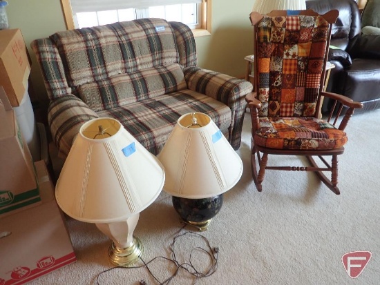 Loveseat reclining couch, rocking chair, (2) table side lamps, (2) sets of throw pillows