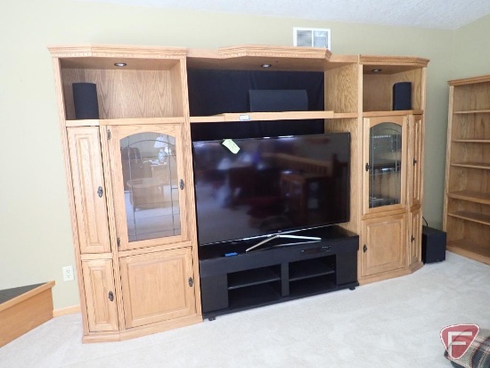 3 section entertainment center, overall length is 121 1/4"l x 77 1/2"h x 19 1/2"d