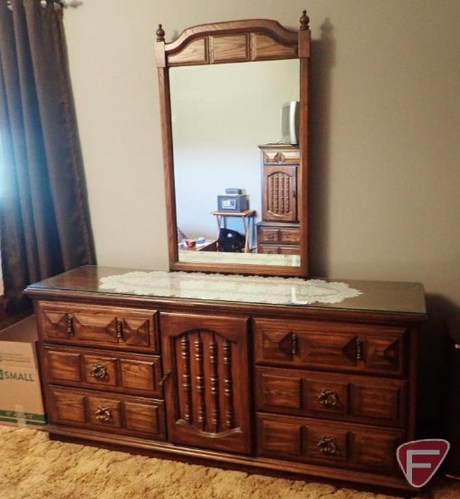 9 drawer dresser with mirror & glass top, dresser measures 70"w x 18 1/4"d x 31 1/4"h