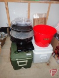 (2) coolers, plastic shrink wrap, (2) plastic food trays, (3) cake boxes, red metal bucket