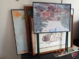 Framed prints: Old Lucky by C. Christenson, wildlife print by Judy Grimm, world map