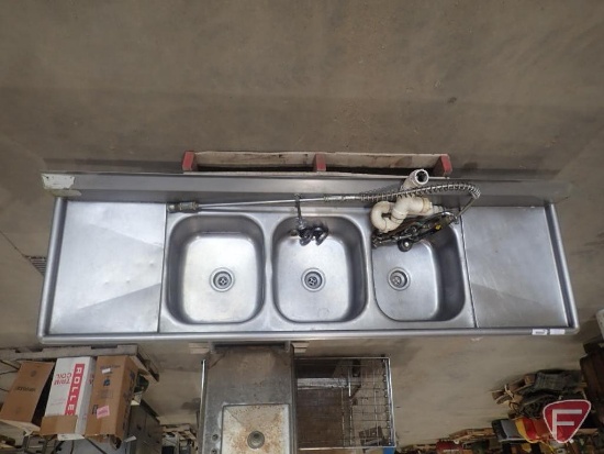 3 compartment stainless steel sink on legs, 89"l x 26"d x 43"h