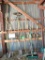 Yard and garden tools: shovels, brooms, magnet, post pounder, axe, rakes