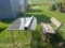 Glass top patio table, wood bench, 62