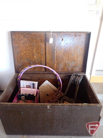 Wood box with hinged lid 42"w x 24"d x 24"h, toys and games. Box and contents