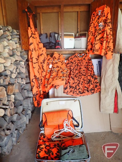 Hunting/outdoor items: blaze orange camo size XL, coolers, Neos overshoe.