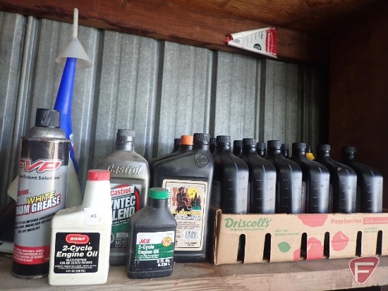 Oils: bar/chain, 10w-30, SAE 30; hydraulic fluid, bungee cords, funnel, oiling cans, zip ties