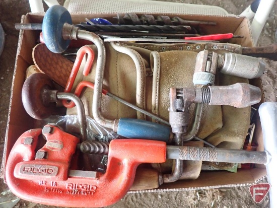 Hand drills, pipe cutter, tool belt, bits