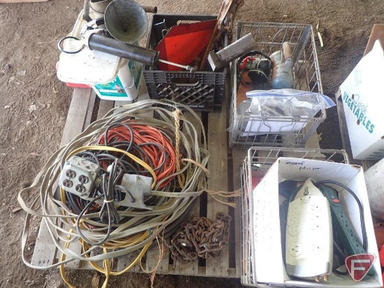 Electrical cords, trailer hitches, grease guns, vintage light, chain, wire crates, SMV sign.