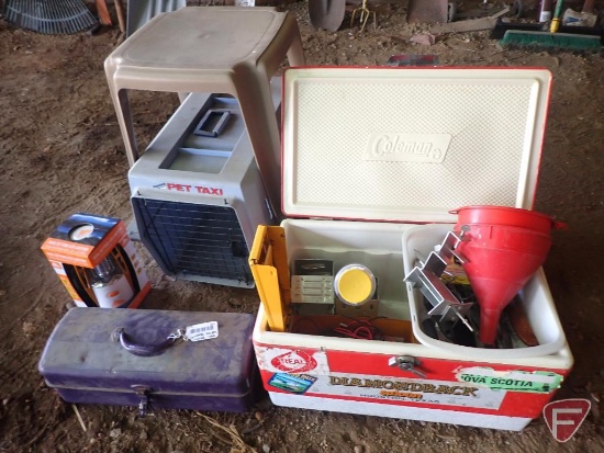 Small animal kennel, cooler, hardware, LED lantern, magnetic heater, electrical wiring, hand tools