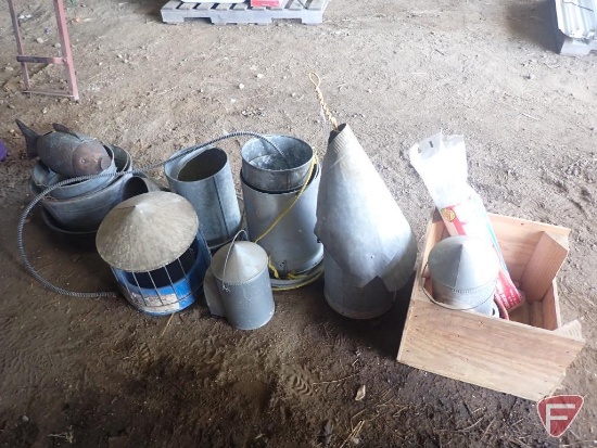 Galvanized items: chicken feeders, pails, pans, funnels, chicken waterer, heated pet dish