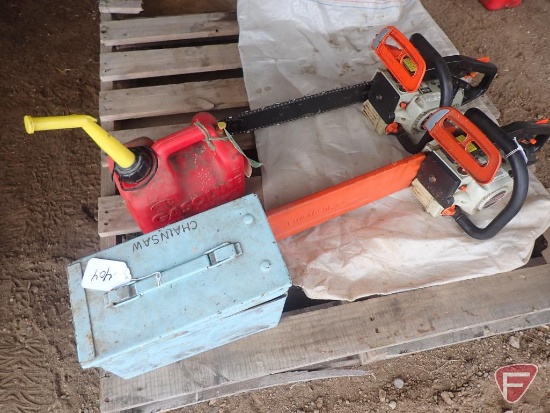 (2) Echo chain saws, poly gas can, metal box of chain/supplies
