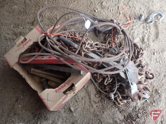 Chain, chain binder, cable, spikes, draw bar