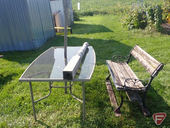 Glass top patio table, wood bench, 62" wood post